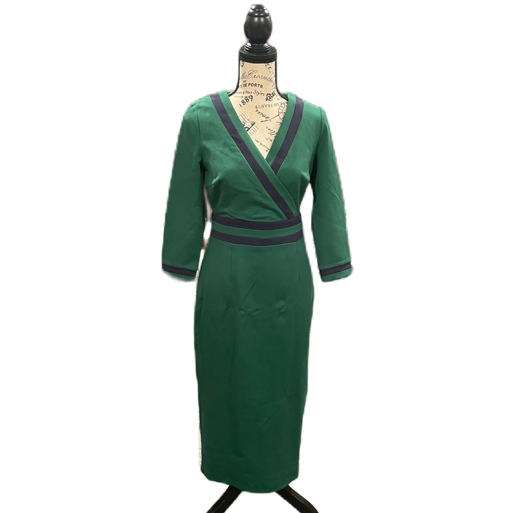 Boden size 6 fully lined green dress with navy contrast piping and long sleeves